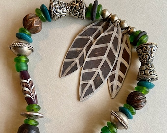 Green Glass and Copper Leaves Necklace Large Hand Cut Copper Leaves w Dark Patina Feather Glass Beads and Tibetan Silver Nature Jewelry