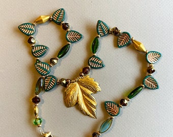 Green and Gold Leaves Necklace w Vintage Brass Leaf Pendant Green Czech Glass Leaves w Coppery Details  OOAK Czech Bead Jewelry