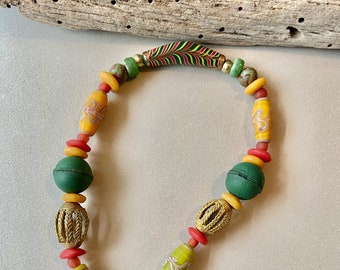 Color Therapy Necklace Red Yellow Green African Brass and Javanese Feather Glass Beads Antique Reproductions OOAK Ethnic Boho Jewelry