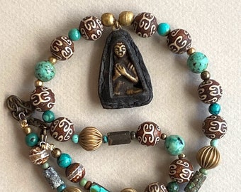 Tibetan Buddha Necklace w Brass Buddha in Leather Setting w Tibetan agates, Turquoise Barrels, African Turquoise, and Brass GemstoneJewelry