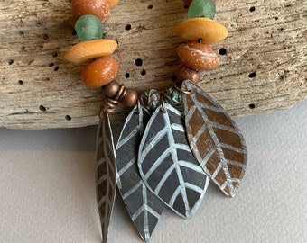 Copper Leaves Necklace Large Hand Painted Copper Leaves Warm Brown Javanese Glass, Golden African Bone, Green Glass Rustic Boho Jewelry