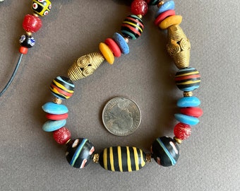 Java Glass and African Brass Necklace w Colorful Indonesian Glass Beads Red Blue Yellow on Black Large African Brass Boho Ethnic Jewelry