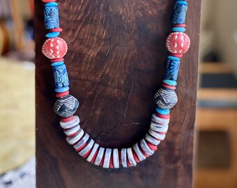 African Rainbow Clay Bead Necklace Black Mali Clay Carved Red n Blue Clay Balls Green Java and Peach Olumbo Glass Beads Ethnic Boho Jewelry