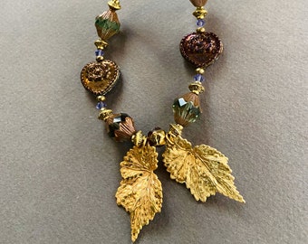 Brass Leaves and Chocolate Hearts Necklace Gorgeous Glowing Haskell Leaves w Metallic Chocolate Czech Glass Hearts Nature Jewelry