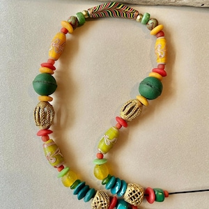 Color Therapy Necklace with Feather Glass Leather and Brass Beads Boho Jewelry