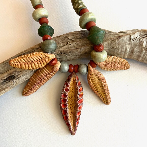 Leaves and Pods Necklace Golden Brown Ceramic Leaf Dangles w Green Ceramic Beads Red Jasper and Old Red and Green Glass Rustic Boho Jewelry