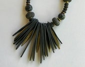 Black Blade Necklace w Fan of Slender Matte Black Polymer Spikes and Black Lava Black Serpentine Brass Accents Boho Gemstone Jewelry