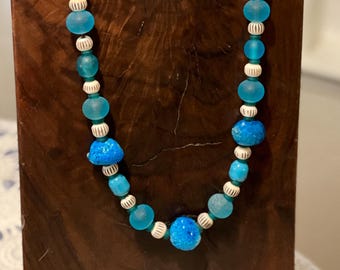 Blue Faience Necklace with Egyptian Beads and Creamy Bone Accents Boho Jewelry