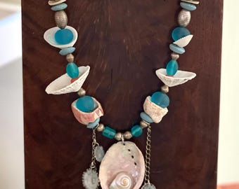 Seashell Necklace w Abalone Limpets and Periwinkles Ocean Beach Jewelry