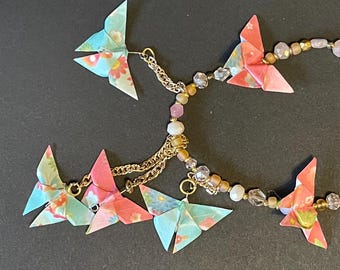 Origami Necklace with Aqua and Rose Butterflies and Pink Glass Beads Spring Jewelry