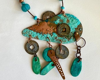 Copper and Clay Necklace with Large Verdigris Copper Pendant with Chinese Coin and Blue Glass Dangles Boho Jewelry
