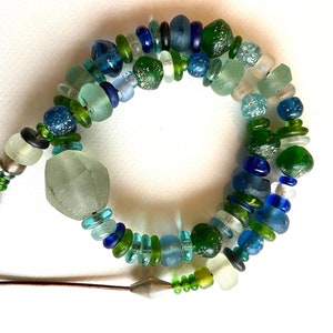Blue Green Glass Necklace with African and Java Glass Beads Tribal Boho Jewelry
