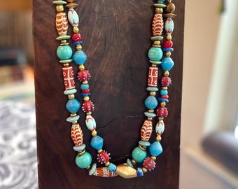 Two Red and Blue Necklaces w Java Glass and African Brass Choose One or Both
