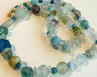 Sea Blue Necklace with Glass and Stone Beads Ocean Colors Summer Boho Jewelry