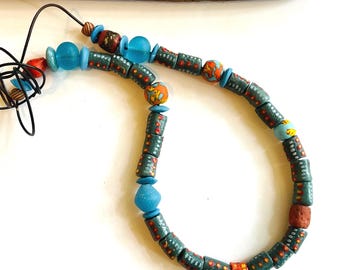 Sky Blue and Red Necklace with Java and African Glass Beads Colorful Boho Jewelry
