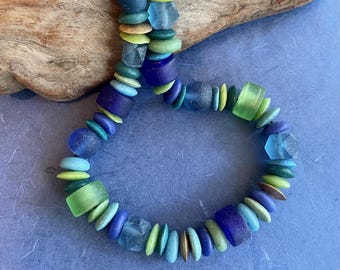 Chunky Blue Green Glass Bead Necklace, Indonesian and African Jewelry