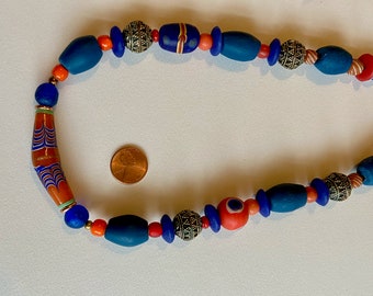 Navy Blue and Orange Necklace w Javanese and African Glass Beads Large Feather Glass Bead Ornate Brass Beads Boho Ethnic Jewelry