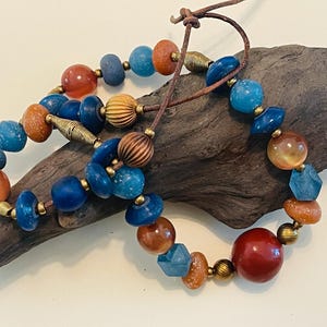 Blue and Gold Necklace Chunky Java Glass and MoonGlow Lucite Beads Boho Jewelry