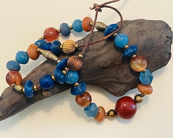 Blue and Gold Necklace Chunky Java Glass and MoonGlow Lucite Beads Boho Jewelry