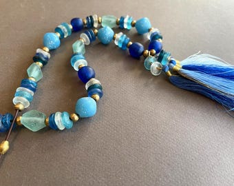 Shades of Blue Necklace with Blue Glass Beads and Silky Tassels Boho Jewelry