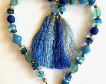Shades of Blue Necklace with Blue Glass Beads and Silky Tassels Boho Jewelry