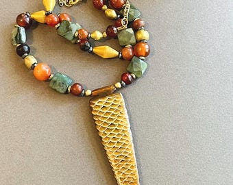 Carved Horn Fish Tail Necklace with Carnelian and Burmese Jade Beads Earthy Gemstone Jewelry