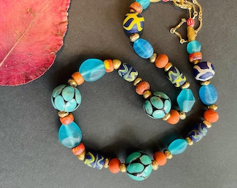 Blue Web Necklace: Large Aqua Glass Beads from Ghana and Java, Brass Accents, 18"