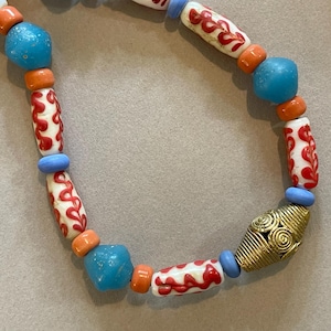 Java Glass Necklace Red White and Blue Trade Beads Boho Jewelry