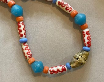Java Glass Necklace Red White and Blue Trade Beads Boho Jewelry