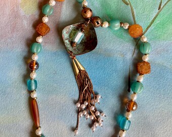 Verdigris Copper Pendant Necklace, Aqua Glass Pearls, Boho Jewelry
