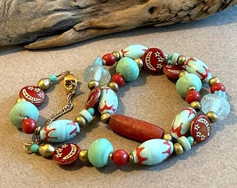Cherry Red and Aqua Necklace Java and African Glass Beads Colorful Boho Jewelry