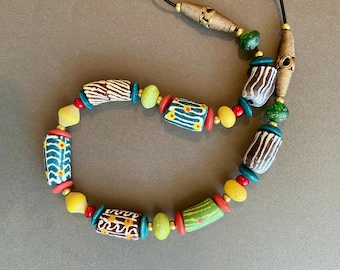 Big Bold Krobo Bead Necklace Extra Large Hand Painted Krobo Glass Barrels Hand Painted Designs w Blue Java Glass Beads Ethnic Boho Jewelry