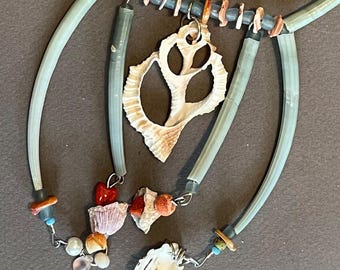 Tusk Shell Necklace Soft Green Dentalium w Sliced Seashell Beach Jewelry