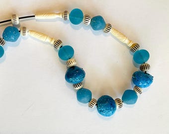 Blue Faience Necklace with Egyptian Beads and Creamy Bone Accents Boho Jewelry