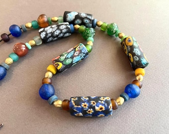 Millefiore  Bead Necklace with Colorful African and Indonesian Glass Boho Jewelry