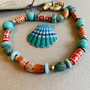Red and Aqua African Bead Necklace Rare Venetian Style Feather Glass w Hand Painted Stoneware and Brass Beads Ethnic Boho Jewelry