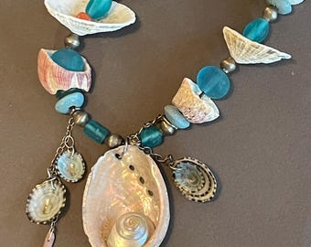 Seashell Necklace w Abalone Limpets and Periwinkles Ocean Beach Jewelry