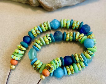 Color Pops Necklace: Blue & Green African Glass Discs with Orange Trade Beads Boho Jewelry