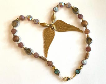 Golden Wings Necklace Detailed Brass Pendant w Czech Glass Flowers Boho Jewelry