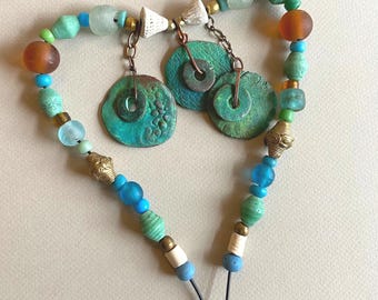 Boho Ceramic Disks Necklace w Hand Painted Green Stoneware and Green Java Glass Jewelry
