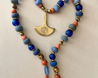 Denim Blue Necklace with Chunky Java and African Glass Beads Brass Pendant Boho Jewelry