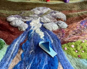 Needle Felted River Play Mat with Waterfall Round Gnome Home & Gnome Family Waldorf Montessori Imaginative Toy