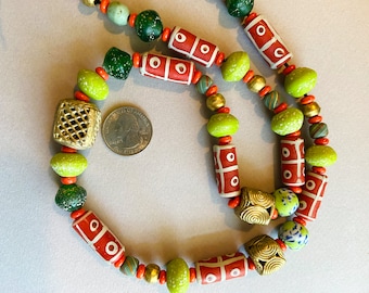 Orange and Green Trade Bead Necklace Extra Long w Vintage Trade Bead Fancies Java Glass Beads and African Brass Colorful Ethnic Boho Jewelry