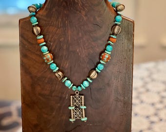 Turquoise and Amazonite Necklace w Afghan Silver and Old Red Glass Boho Jewelry