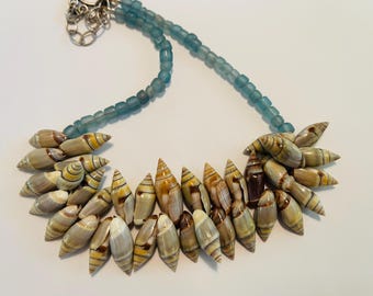 Periwinkle Necklace Natural Seashells w Aqua Java Glass Seed Beads Ocean Jewelry