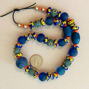 Blues and Brights Necklace Blue and Orange Java Glass Beads Multi-Color Ghana Glass Discs Colorful Boho Jewelry