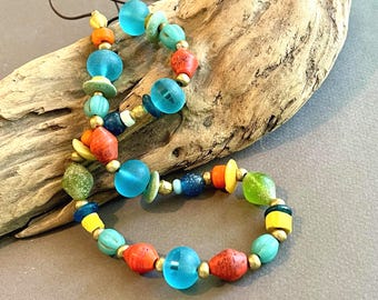 Rainbow Glass Necklace Colorful Old and New Beads from Java and Africa Boho Jewelry