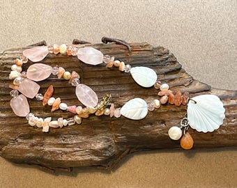 Carved Mother of Pearl Pendant Necklace with Rose Quartz Nuggets & Freshwater Pearls
