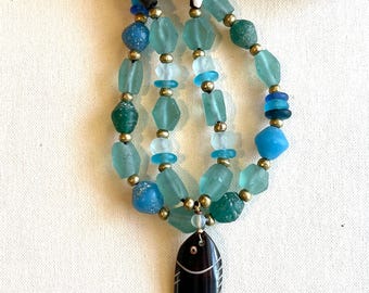 Two Blue Glass Necklaces Choose One or Two with Carved Fish Pendant Boho Jewelry