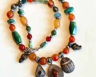 Three Sterling Charms Necklace with Carnelian and Jade Gemstone Jewelry
